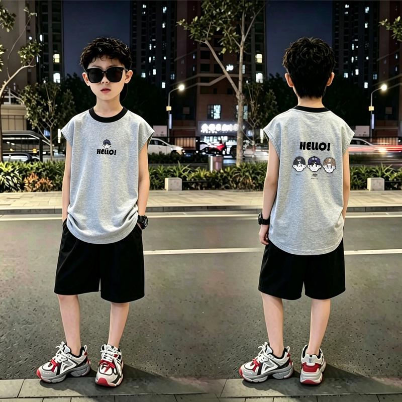 Trendy Boys' Color Block Cartoon Vest Set - Summer Sleeveless Two-Piece for Medium & Large Kids