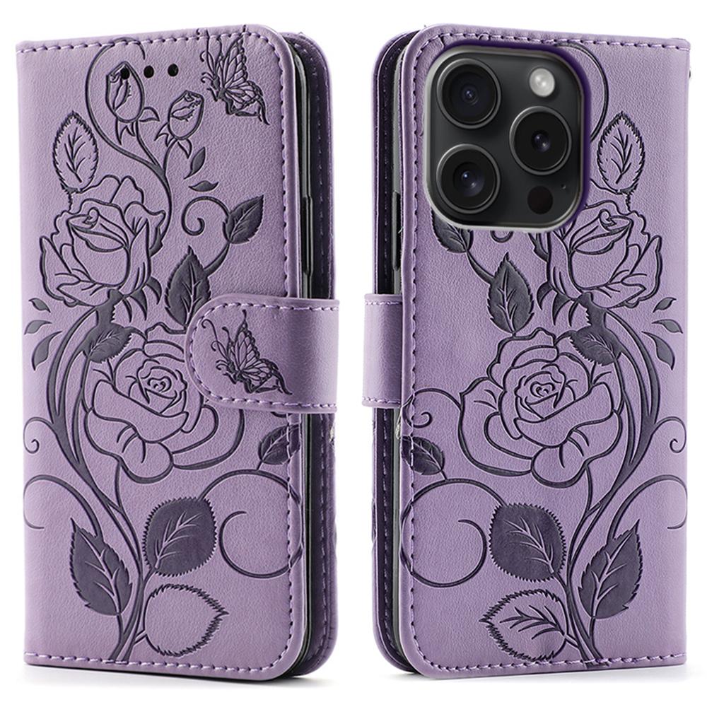 

For iPhone 15 Pro Max Case Wallet Stand Imprinted Rose Butterfly PU Leather Phone Cover Purple