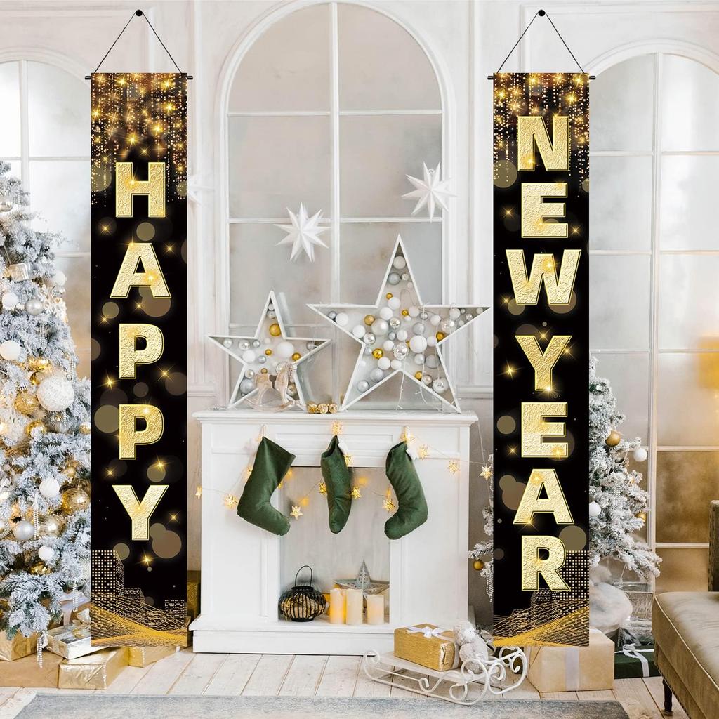 Labeol Happy New Year Banner, 72 x 12 Inch Large Front Door Porch Sign Hanging Banner Decorations New Years Eve Party Supplies 2025, Happy 2025
