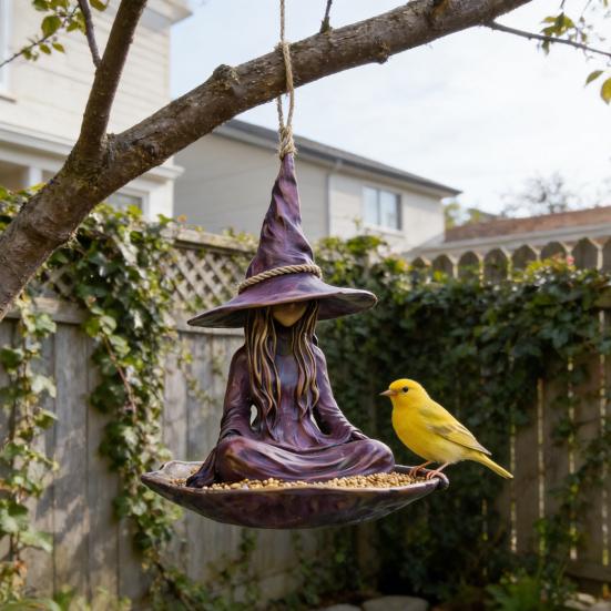 Witch Garden Statue Bird Feeder for Outdoors Resin Hanging Wild Bird Feeder for Outside Patio Backyard Birdwatching