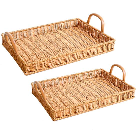 Rattan Braided Serving Tray with Handles Hollow Out Drainage Stable Smooth Edge No Deformation Home Fruit Snack Tea Cups Bread Serving Pallet Holder