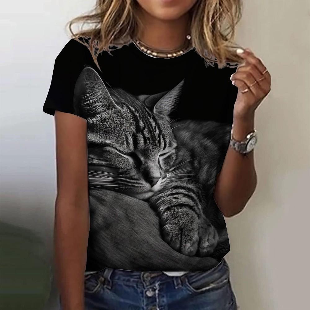 Кавайная футболка свободного кроя с кошачьим принтом - Модная женская футболка с принтом животного XS