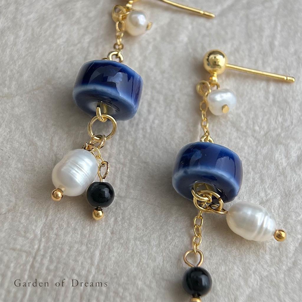 Handmade Blue Ceramic & Freshwater Pearl Tassel Earrings - Vintage Ethnic Style Jewelry for Women