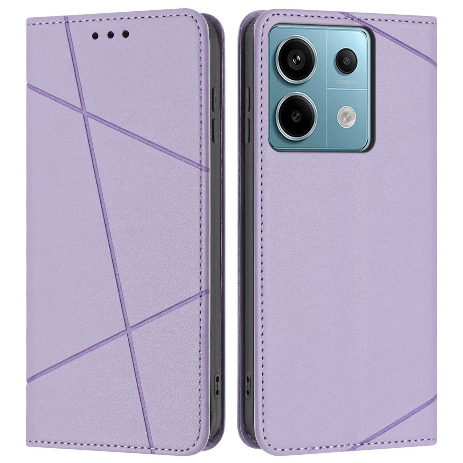 

For Xiaomi Redmi Note 13 5G Wallet Case Line Imprinted Leather Stand Phone Cover with Wrist Strap Purple