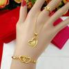 Vietnamese Gold Double Heart Necklace, Ring, & Bracelet Set - Women's Elegant Heart Pendant Jewelry