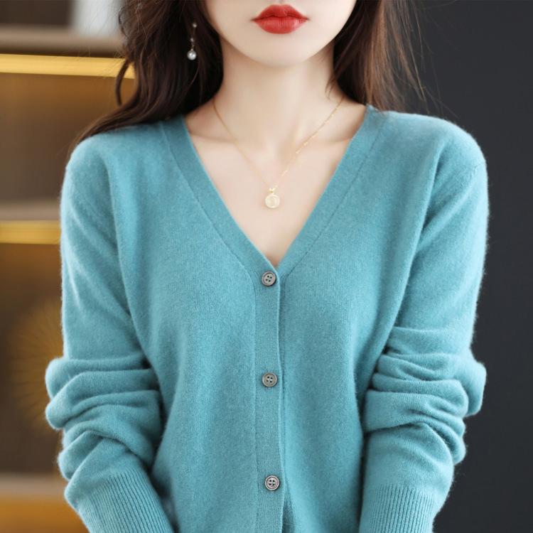 Palton cardigan tricotat din lână, cu decolteu în V, de toamnă și iarnă, de culoare solidă