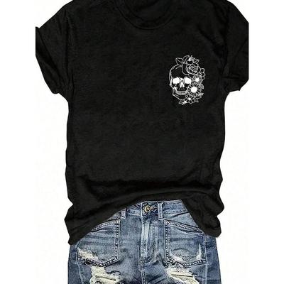 Women's Floral & Skull Print T-Shirt Casual Crew Neck Top Round Neck Short Sleeve T-Shirt Graphic Tees WomenTops Summer Spring