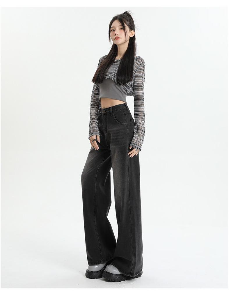 Women's Black Wide Leg Jeans for Pear-Shaped, High Waist Slimming Loose Straight Leg, Floor-Length Trousers for Spring and Autumn.