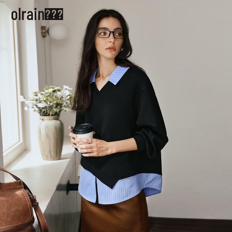 

Olrain Women s Faux Two-Piece Patchwork Collared Sweatshirt S