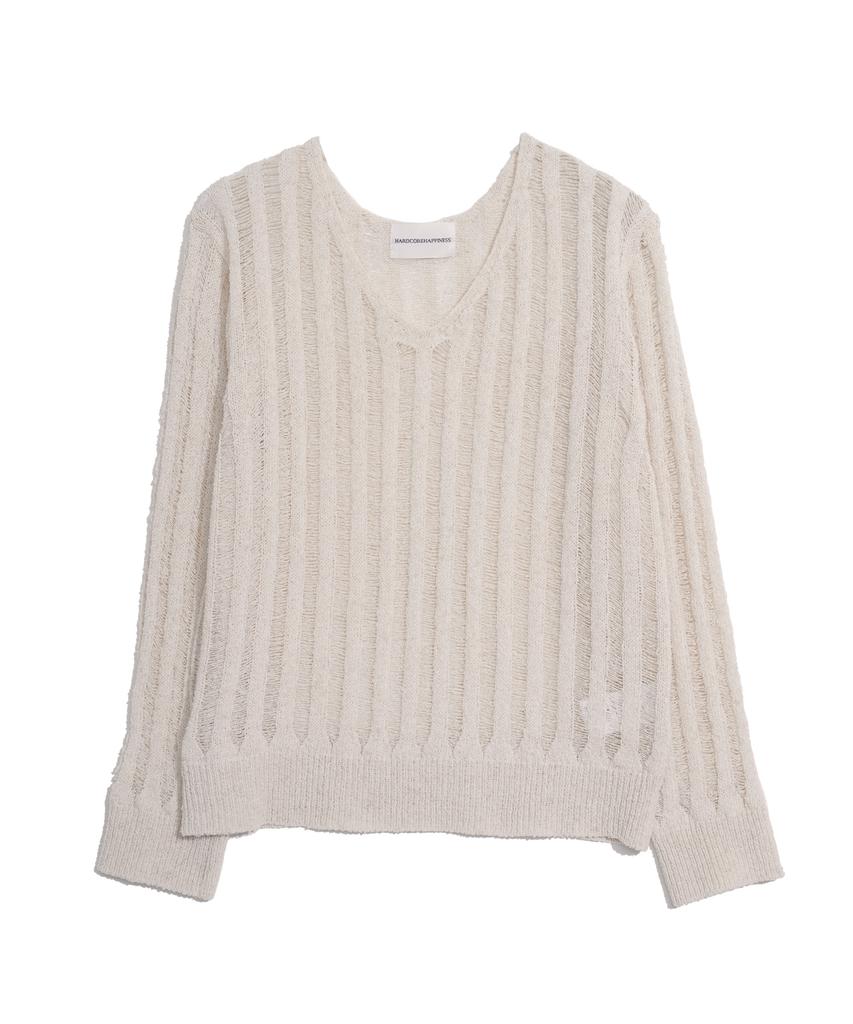 HARDCORE HAPPINESS Damaged Slit V-Neck Knit Top_Ivory