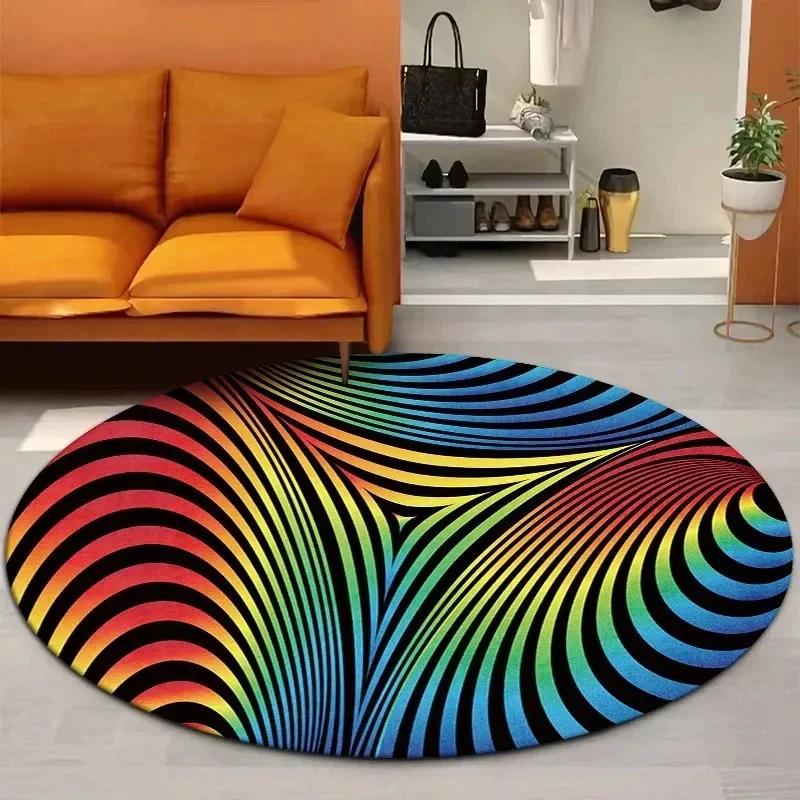 Crystal Velvet Psychedelic Round Rug, Abstract Geometric Illusion Print Non Slip Floor Mat for Living Room, Bedroom, Sofa Decor
