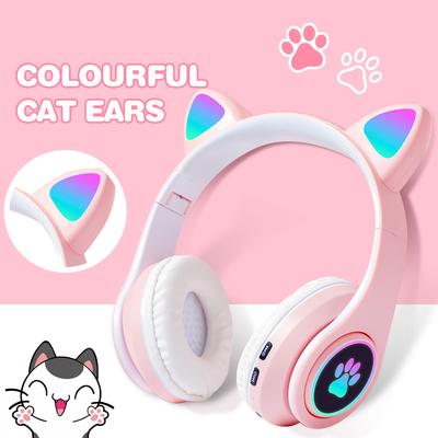 Cute Cat Ear Gaming Headset Wireless Earphone Foldable LED Luminous Noise Bluetooth 5.0 Stereo Bass Headphones With Mic TF FM Kid Girl