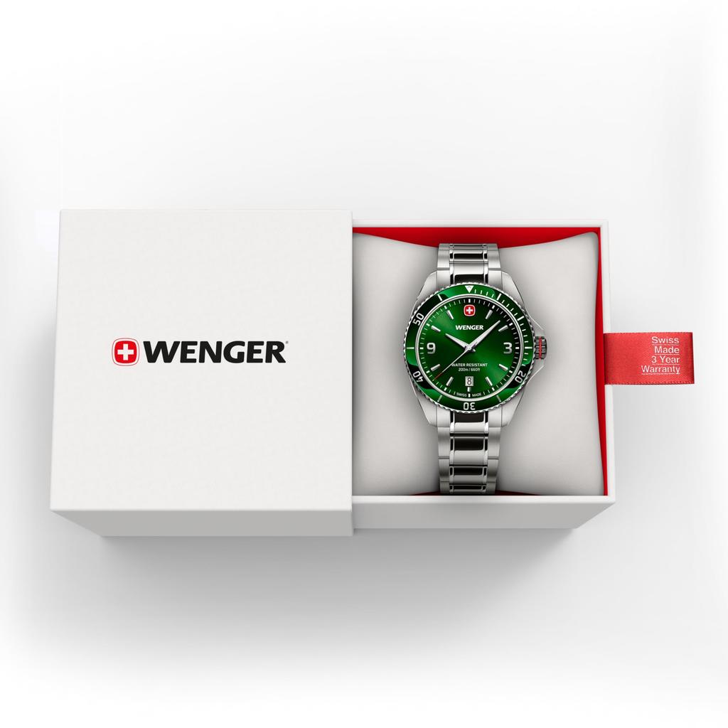 WENGER EXECUTIVE Men's Watch, Stainless Steel Case (316L), Green Dial, Stainless Steel Bracelet, Quartz Movement, 200m Water Resistance, 3-Year