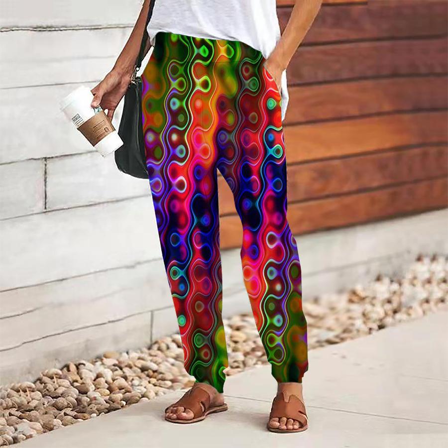 Damen Hosen mit abstraktem Druck zum Schnüren, elastische Taille, lockere Hosen, lässige lange Hosen, Hosen mit Taschen