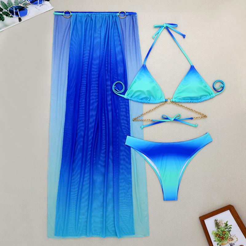 Sexy With Cover Up Gradient Halter Bikini Female Swimsuit Women Swimwear Three-pieces Bikini Set Bather Bathing Suit Swim