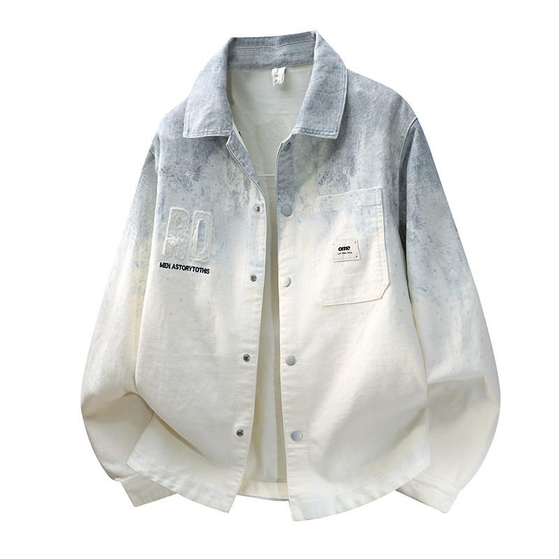Trendy Men's Gradient Spray-paint Jacket, Classic Collar Button Placket Jacket, Oversized Streetwear Jacket for Daily Wear & Urban Styling