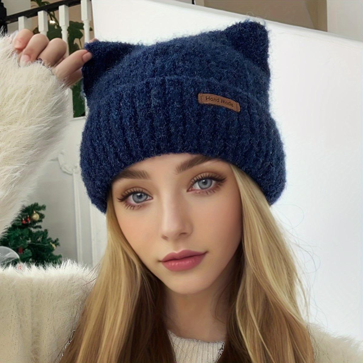 

1 шт. шикарная кожаная шапка-бини с ушками - женские вязаные аксессуары для путешествий на свежем воздухе - утолщенная теплая однотонная повседневная шапка для зимы темно-синий