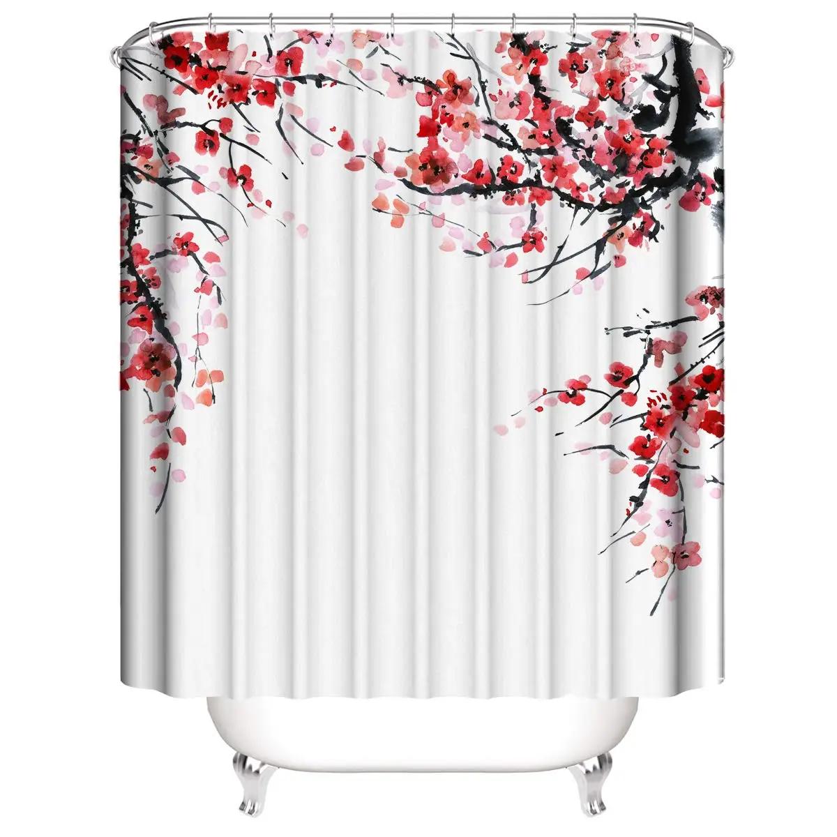 

Charming Oriental Blossom Shower Curtain Set - Vibrant Cherry Blossom Designs For Elegant Bathroom Dcor, Waterproof & Easy Care W60H190(CM)-1 Pcs
