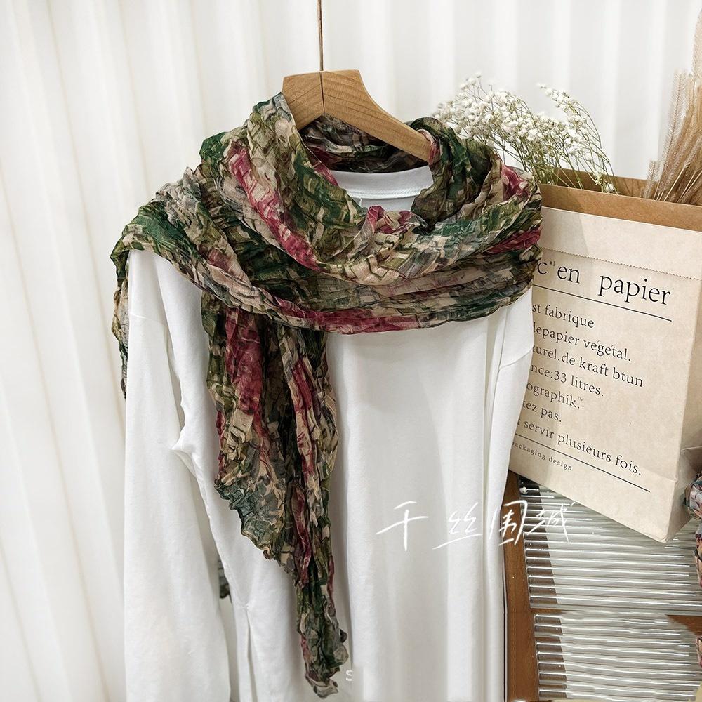 New Retro Literary Imitation Cotton And Linen Pleated Thin Versatile Shawl Small Floral Scarf Yarn Japanese Fashion Trend