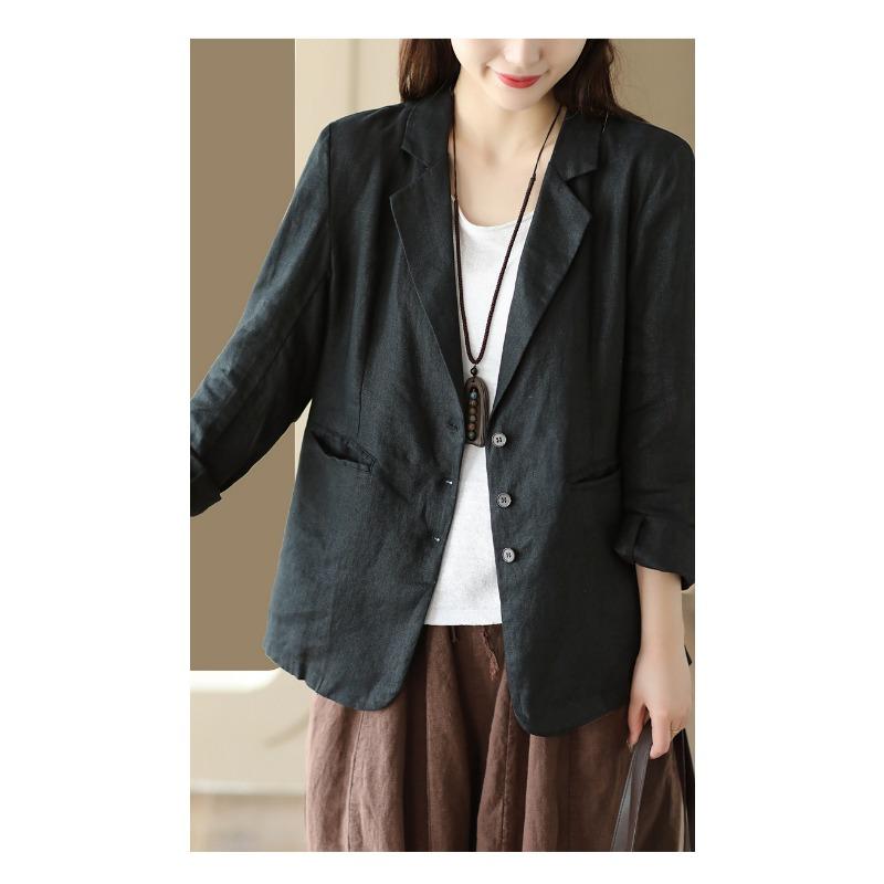 Women S Vintage Casual Blazer Jacket Turn Down Collar Cotton Linen