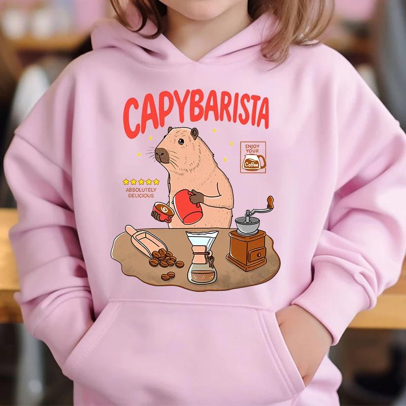 Cute Capybara Loves Bubble Tea Children's Hoodie Pink Autumn and Winter Girl's Top