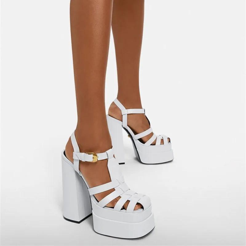 Fashion Spring and summer 2024 new high-heeled shoes women's one-button high-heeled Roman sandals women's heavy-heeled large sandals