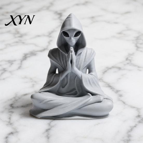 Zen Alien Decor 3D Printed Meditation Statue, Desk Ornament, Unique Desktop Embellishment Cute Extraterrestrial Figurine for Home Office, Sci Fi Gift