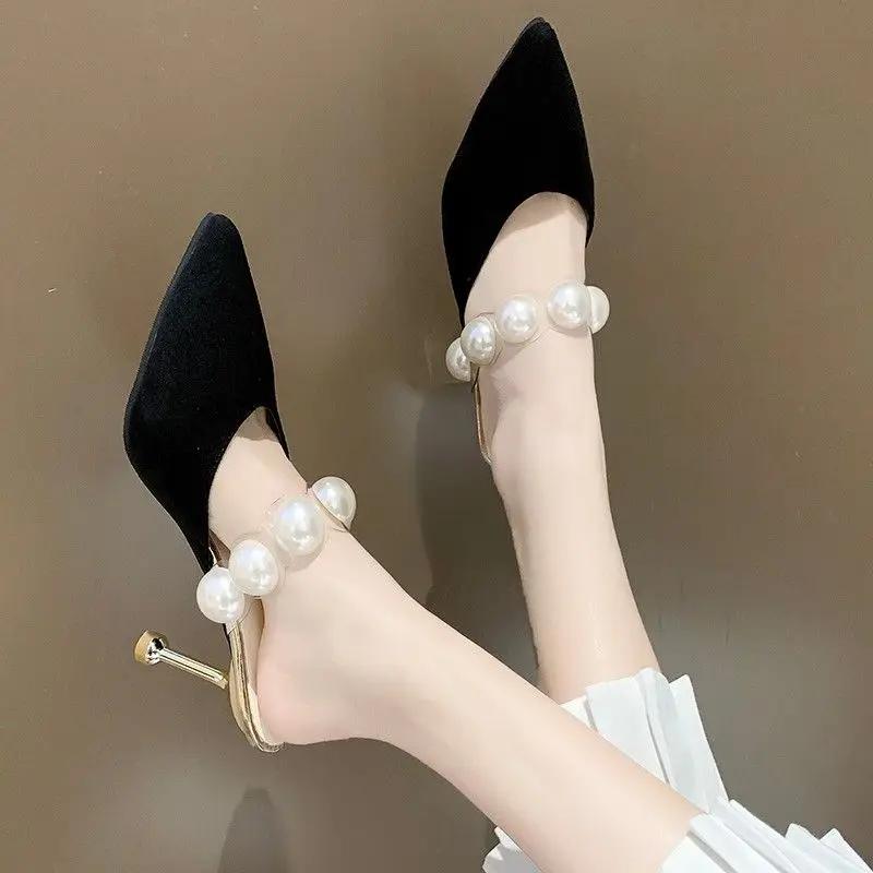 Fashion Pointed Toe Sandals Heeled Slides Black Woman Mules Slippers Sexy Shoes for Women Korea Style Unique on Offer Slip-resistant Non