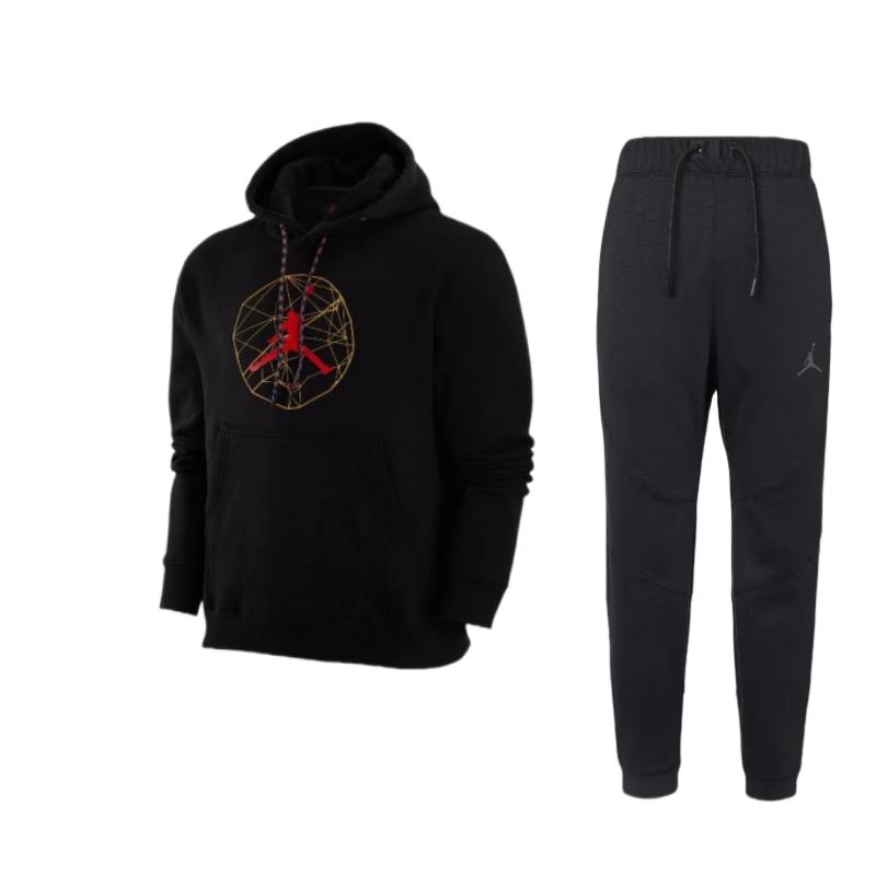 

Jordan Essentials Logo Print Hoodie And Solid Color Long Brows Casual Sports Set Men Sets Black DQ7322-010+DX6595-010 M