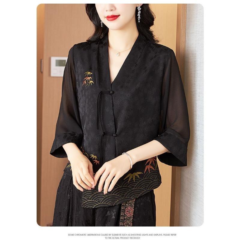 Chinesisches besticktes Hemd Damen Lockerer Mantel Dreiviertel Top Pflanzenblumen Mode Elegant Top