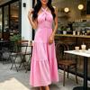 Ärmelloses Maxikleid mit Neckholder für Damen, gekreuzter Rücken mit Raffung, rückenfrei, mehrlagig, A-Linie, schwingend, formelles Cocktail- oder Hochzeitsgastkleid