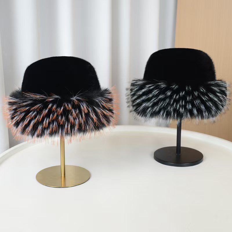 Flat Top Plush Hat with Colorful Faux Mink & Raccoon Fur - Thick & Warm for Fall/Winter