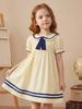 European & American Academy Style Kids' Lapel Short Sleeve Cotton Dress with Tie