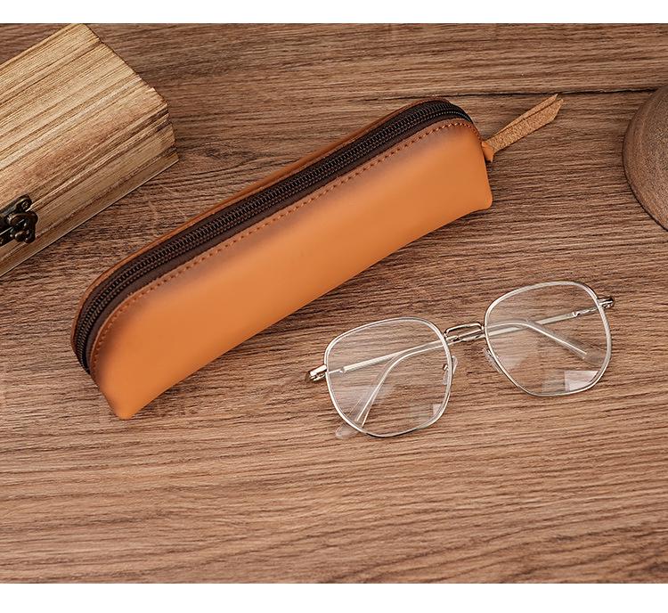 Genuine Leather Multifunctional Pencil Case Stationery Box with Zipper—Portable for Students, Holds 2B Pencils & Glasses