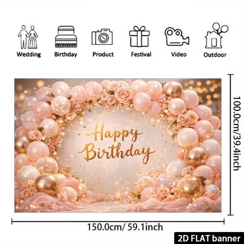 2D Rose Gold Floral Themed Happy Birthday Backdrop Banner for Birthday Party Photography Decoration