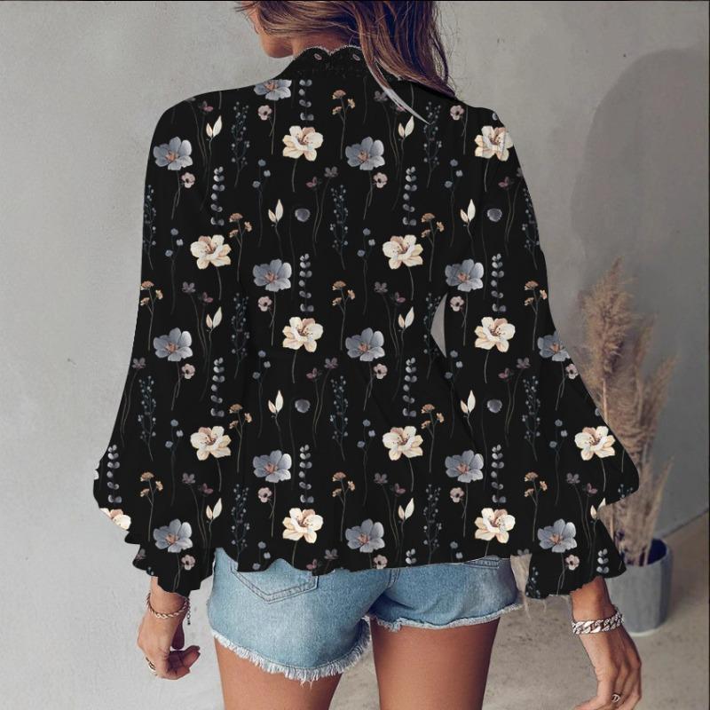 DAFIFY Women's Fashion Casual Spring Autumn Flower Pattern Print Long Sleeve V-Neck Blouses & Shirts