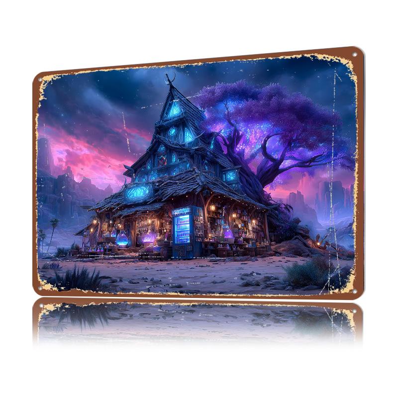 Fantasy Magic Shop With Glowing Tree Poster Retro D Printed Metal Signs Customized Wall Hanging Gift for Bedroom Decorations