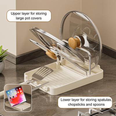 Stojan na pokličky do kuchyně Stojan na pokličky s odkapávací miskou Odkladač na lžíci Držák na pokličku pánve Během vaření pro prkénko Stěrka Obracečka