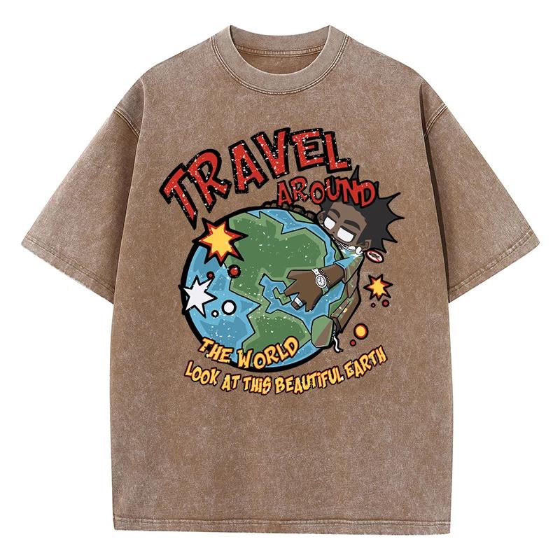Summer World Tour T-shirt Men's and Women's Water Wash Vintage T-shirt Breathable Casual Comfortable Top Clothing