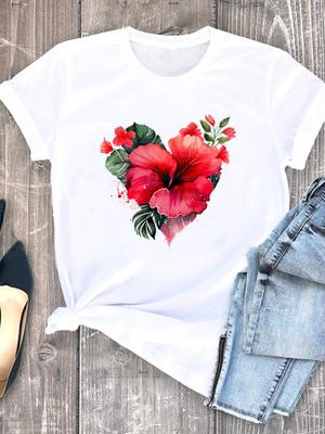 (Asian Size) Love Heart Flower Trend Clothing Casual O-neck Tee Top Women Short Sleeve T Shirt Fashion Print Lady Female Graphic T-shirts