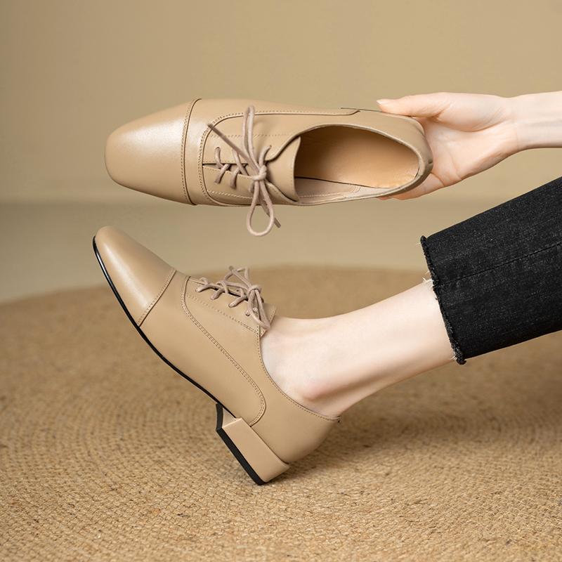 Fashion Women's New Leather Cowhide Spring and Autumn Lace Up Mid Heel Large Comfortable Casual Work Single Shoe