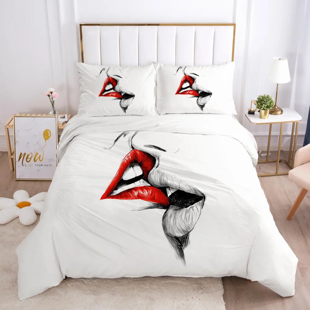 Sexy Lips Kiss Me Duvet Cover Sets 100% Hot Home Hotel Wendding Bedding Set Couples Lovers Art Kiss Pattern Bedclothes Cover