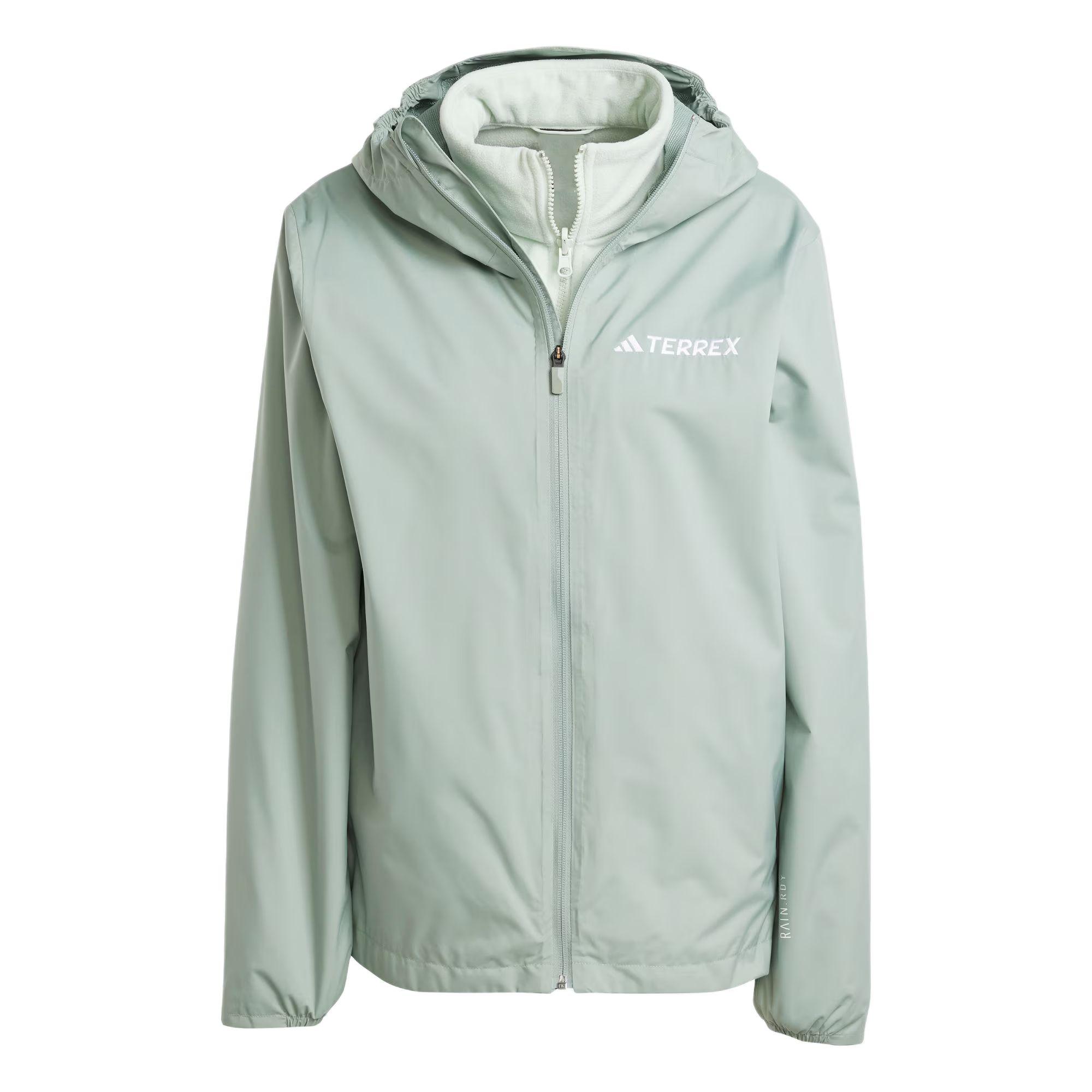 

Adidas Женская куртка Mt Ess 3 в 1 однотонная водонепроницаемая дышащая с капюшоном с логотипом бренда для активного отдыха Женские куртки серебристо-серая зеленая JY4794 XS