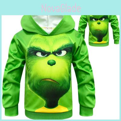 Festive Grinch Pattern Hoodie Kids Sweatshirt Pullover For How The Grinch Stole Christmas Fans