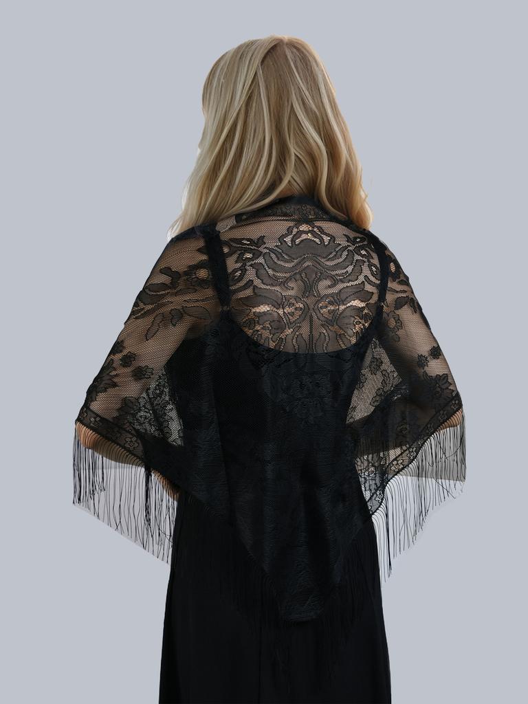 Women Embroidered Lace Tassel Scarf Shawl Triangle Fringe Solid Color Shawls Fashion Lightweight Prayer Hijab Headscarf Veils