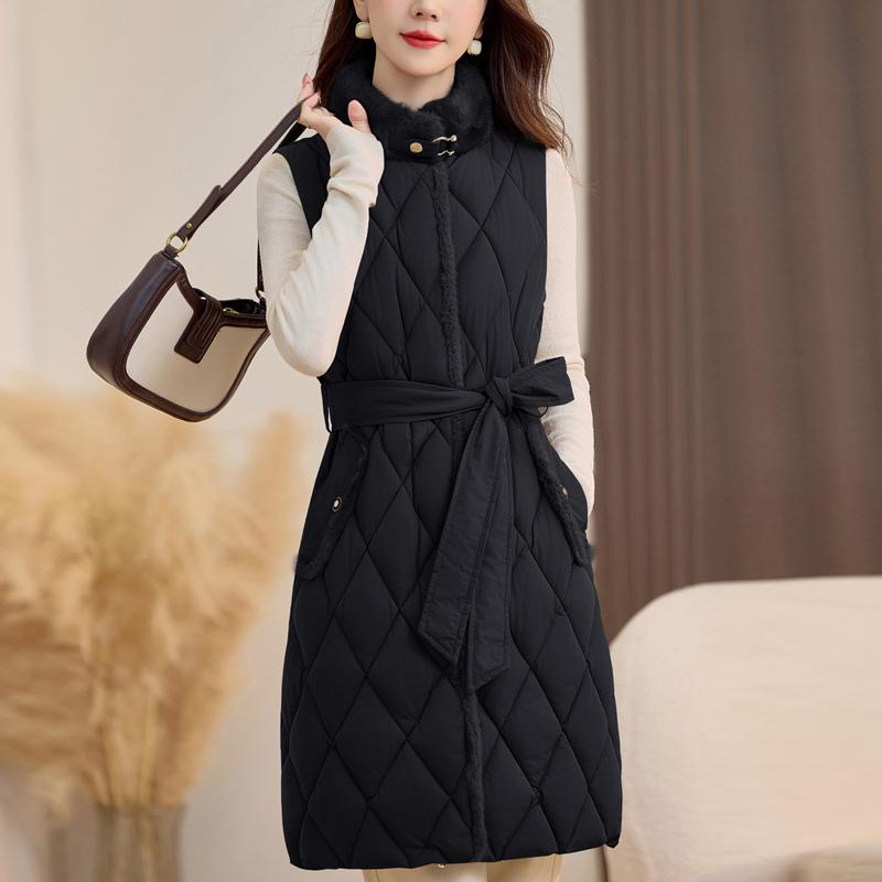 Fashion Winter Women's Vest Faux Fur Collar Thick Warm Sleeveless Jackets Woman Long Coat With Belt