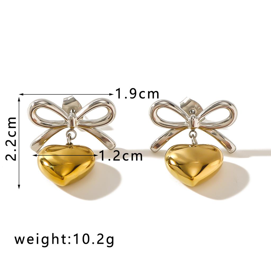 Gold Color Peach Love Drop Bowknot Earrings For Women Stainless Steel Stud Ear Accessory