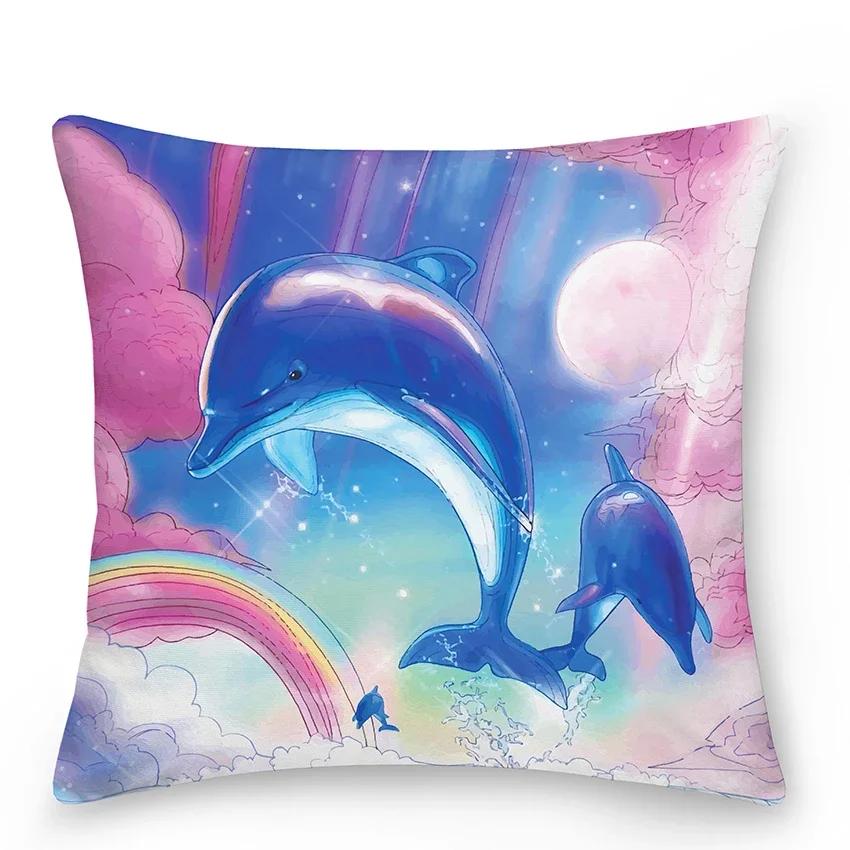 Home Decor Bedroom Car Cushion Cover Blue Dolphin Print Pillow  Mermaid    Sofa