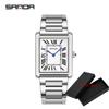 Sanda Rectangular Wrist Watches Women Man Unsex Silver Case Luxury Top Brand Leather Band Quartz Clock Zegarek Damski 1108