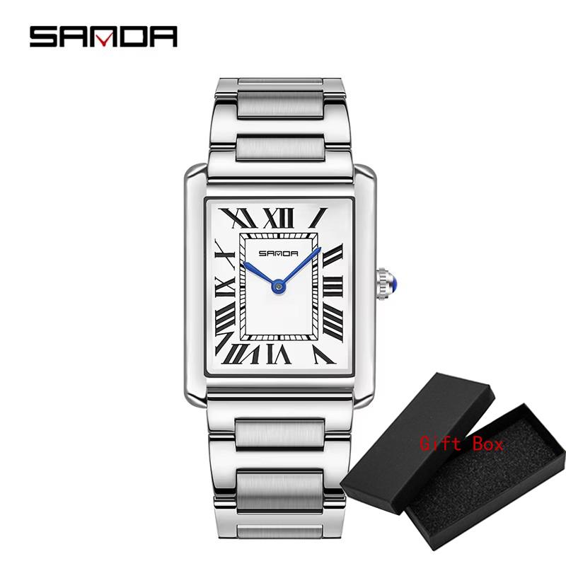 Sanda Rectangular Wrist Watches Women Man Unsex Silver Case Luxury Top Brand Leather Band Quartz Clock Zegarek Damski 1108